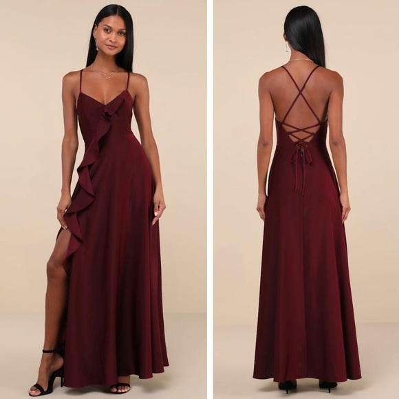 Lulus Dresses & Skirts - NWT Lulus Stylish Grace Dark Plum Backless Lace-Up Ruffled Maxi Dress, Small